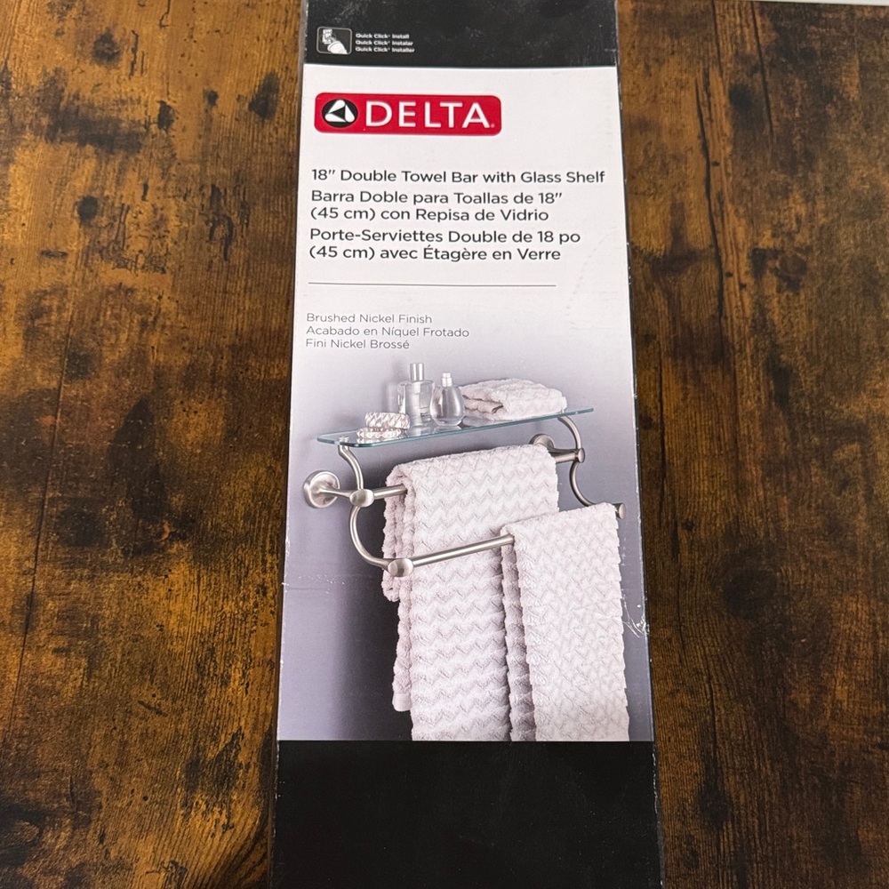 Delta Brushed Nickel Double Towel Bar with Glass Shelf